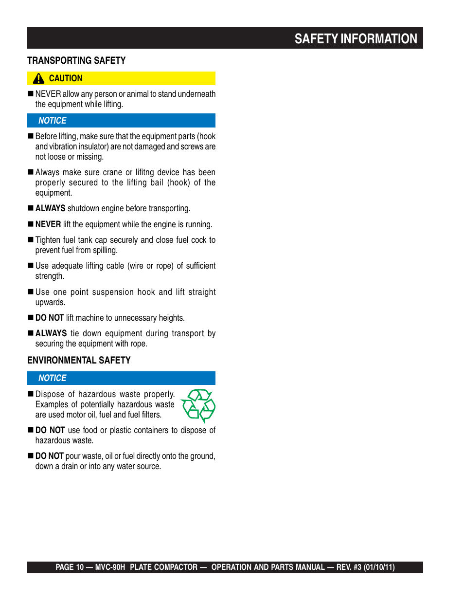 Lsafety information | Multiquip MVC90H User Manual | Page 10 / 80