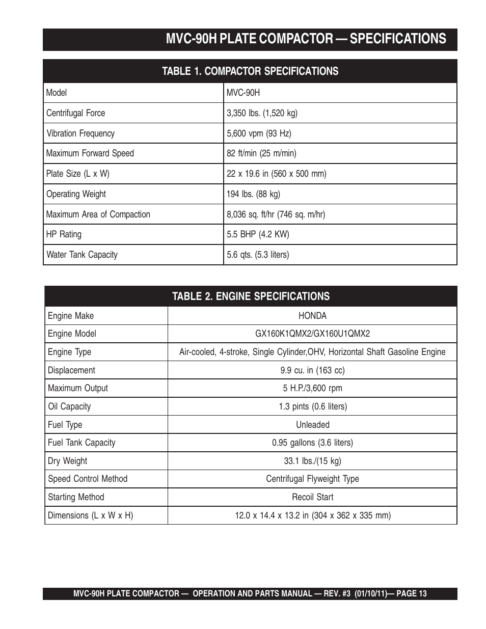 Mvc-90h plate compactor — specifications | Multiquip MVC90H User Manual | Page 13 / 80