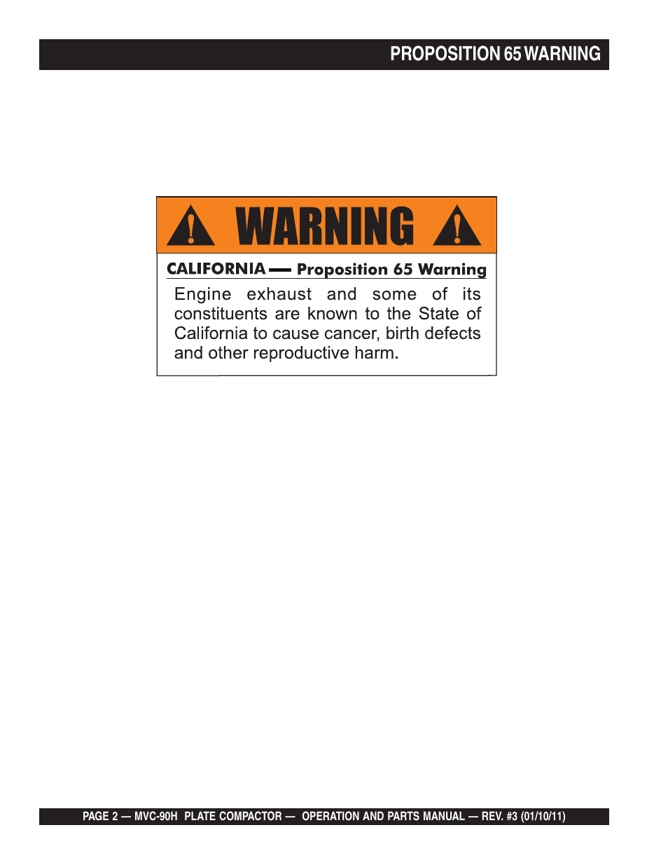 Lproposition 65 warning | Multiquip MVC90H User Manual | Page 2 / 80