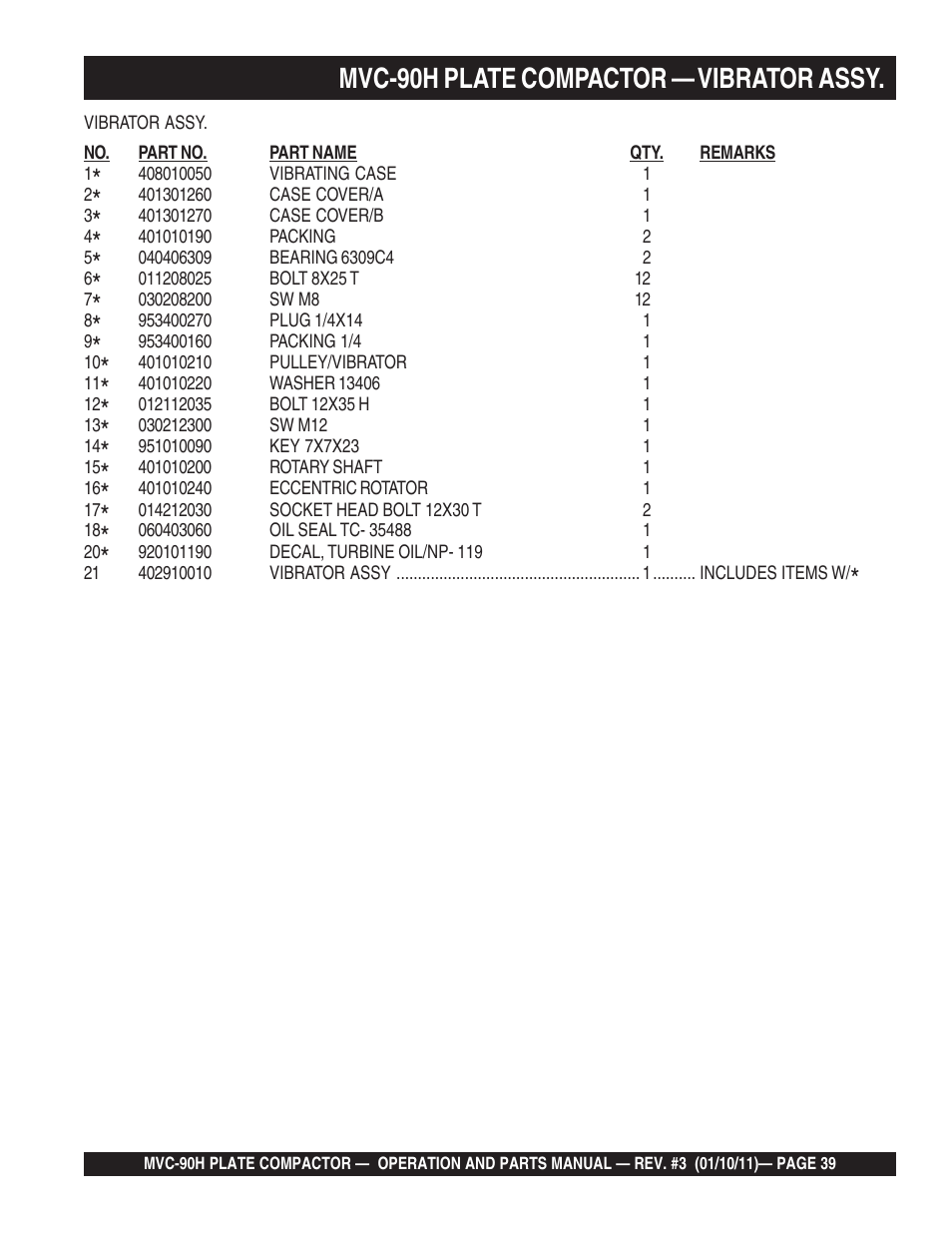 Mvc-90h plate compactor — vibrator assy | Multiquip MVC90H User Manual | Page 39 / 80