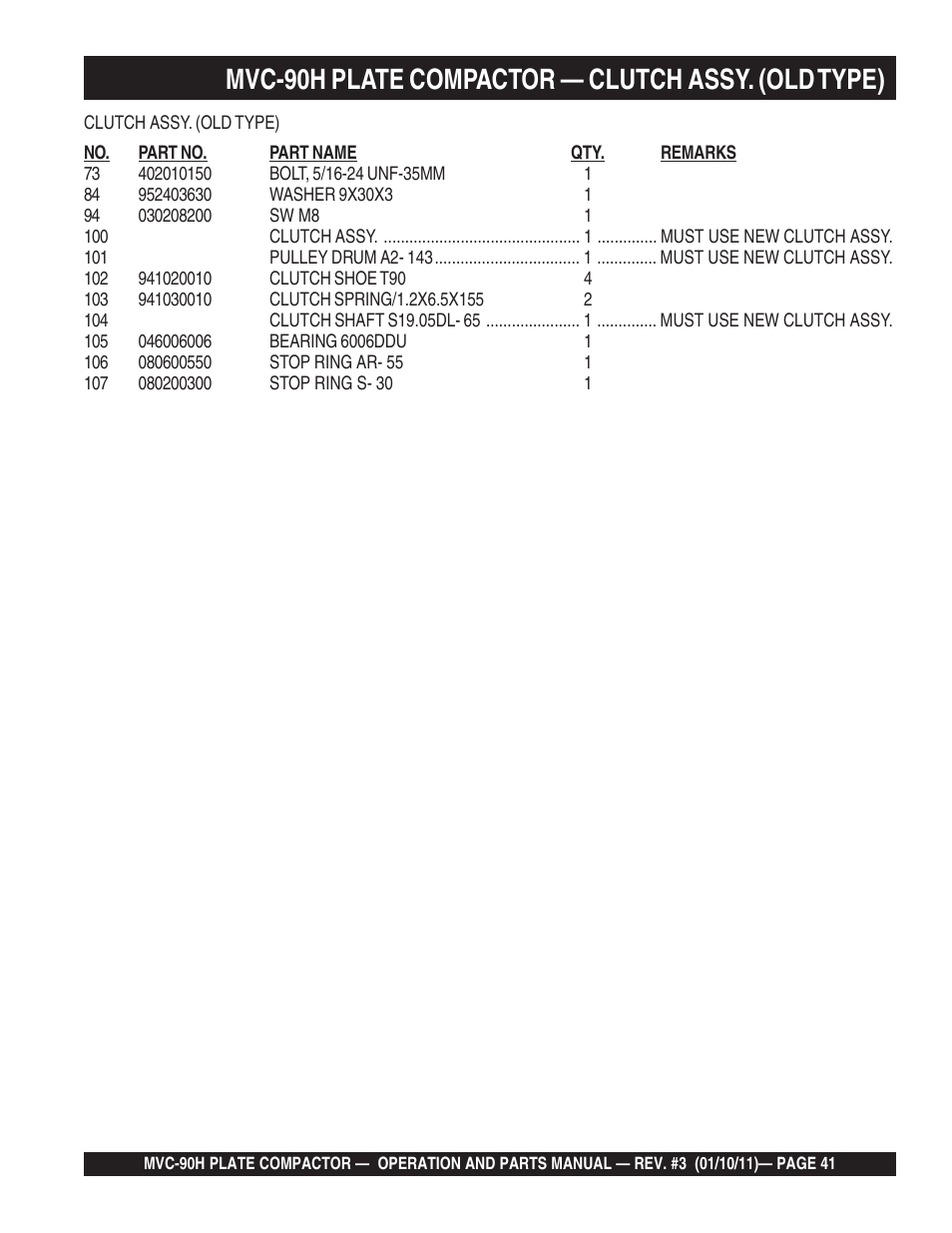 Mvc-90h plate compactor — clutch assy. (old type) | Multiquip MVC90H User Manual | Page 41 / 80