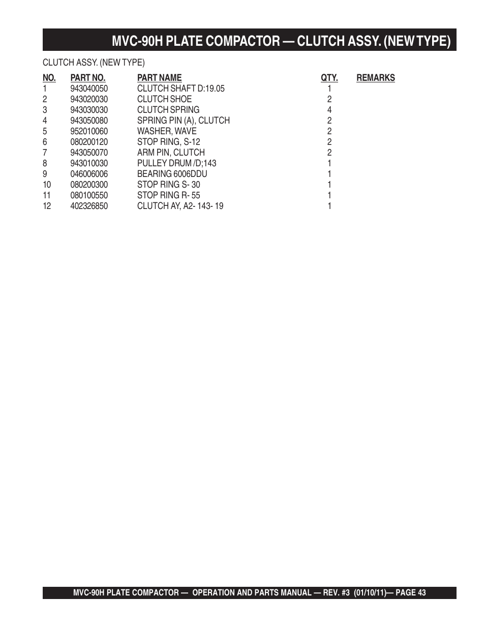 Mvc-90h plate compactor — clutch assy. (new type) | Multiquip MVC90H User Manual | Page 43 / 80