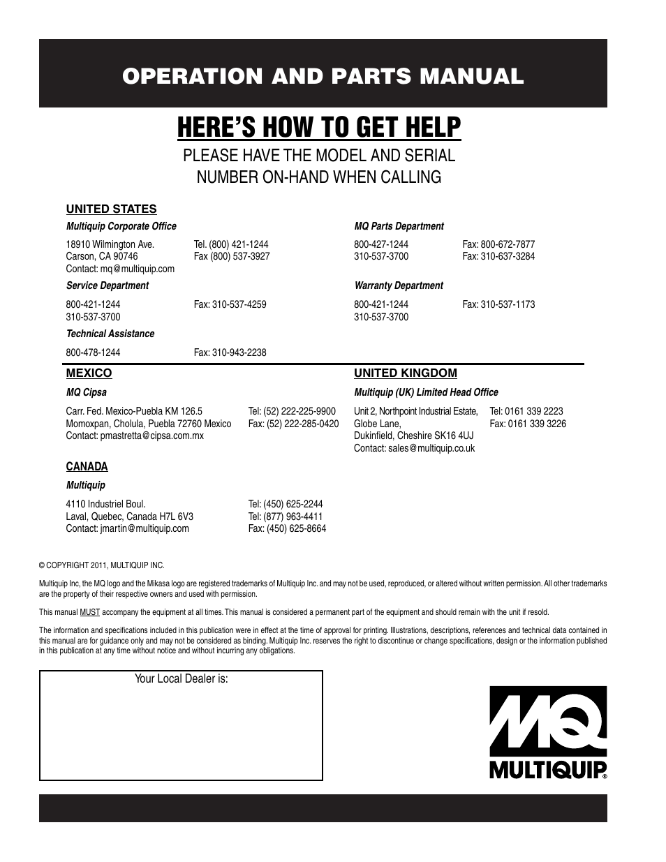 Here’s how to get help, Operation and parts manual | Multiquip MVC90H User Manual | Page 80 / 80