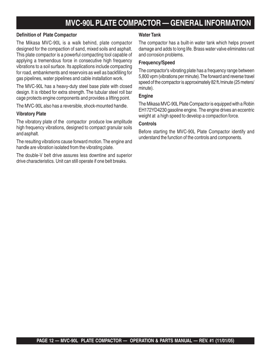 Lmvc-90l plate compactor — general information | Multiquip MVC90L User Manual | Page 12 / 60