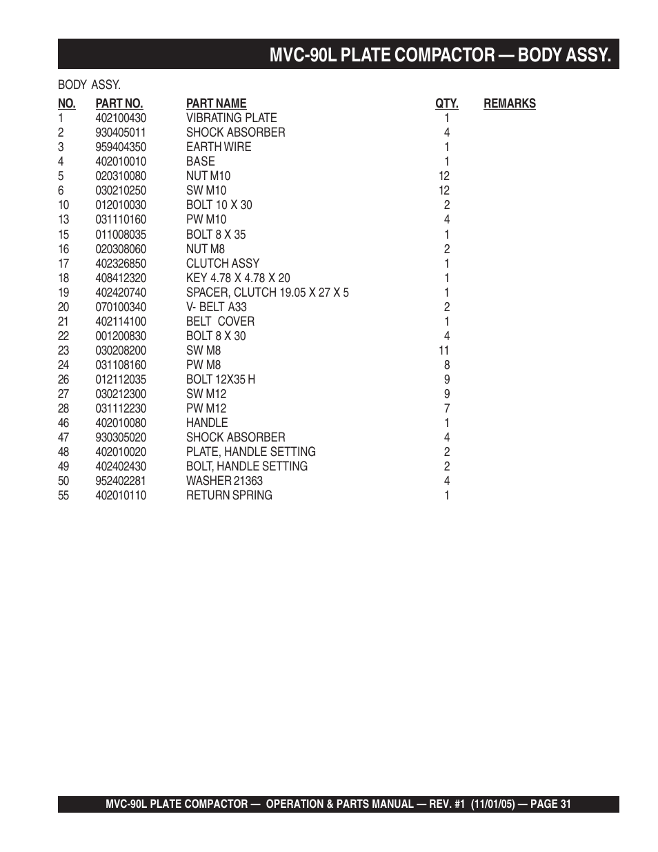 Mvc-90l plate compactor — body assy | Multiquip MVC90L User Manual | Page 31 / 60