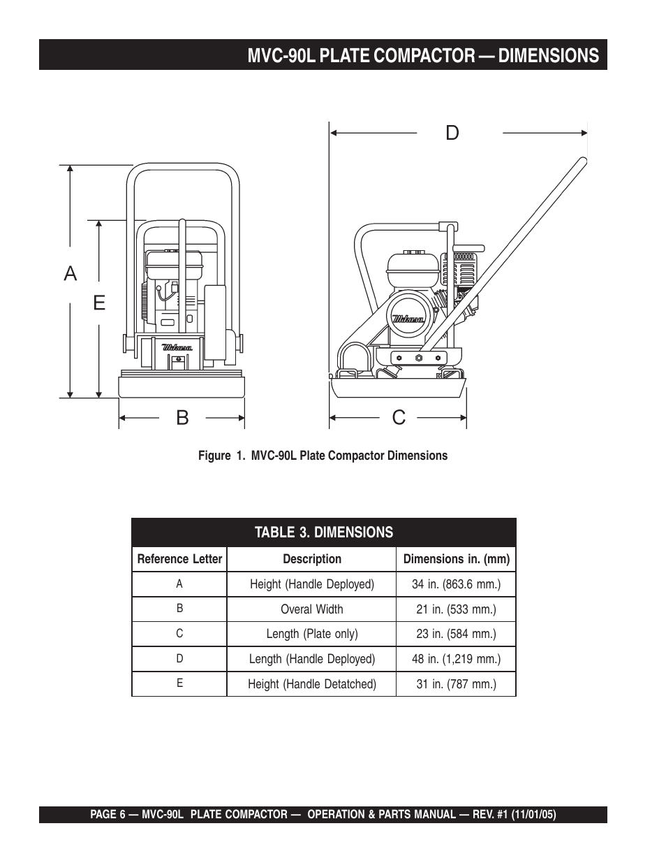 Mvc-90l plate compactor — dimensions | Multiquip MVC90L User Manual | Page 6 / 60