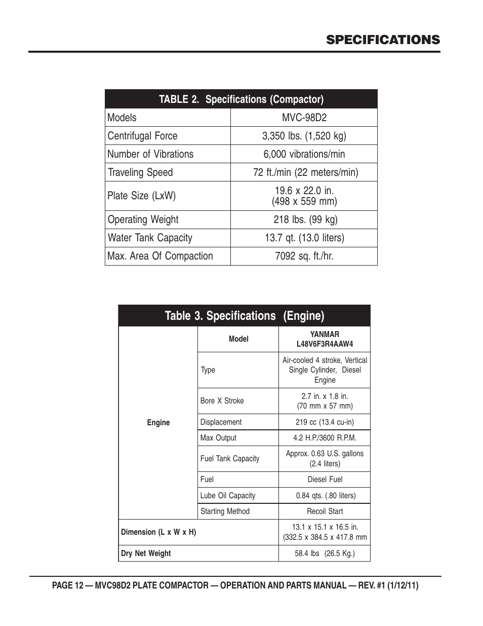Specifications | Multiquip MVC98D2 User Manual | Page 12 / 64
