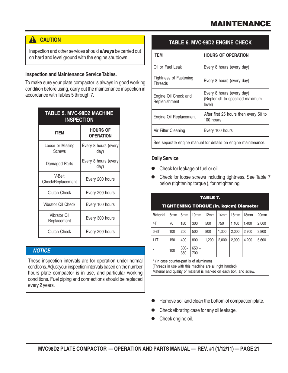 Maintenance | Multiquip MVC98D2 User Manual | Page 21 / 64