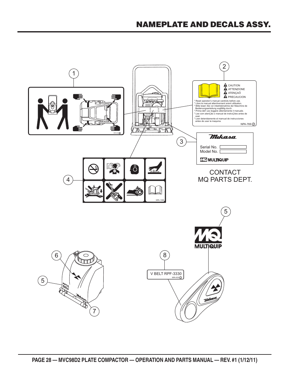 Nameplate and decals assy, Contact mq parts dept | Multiquip MVC98D2 User Manual | Page 28 / 64
