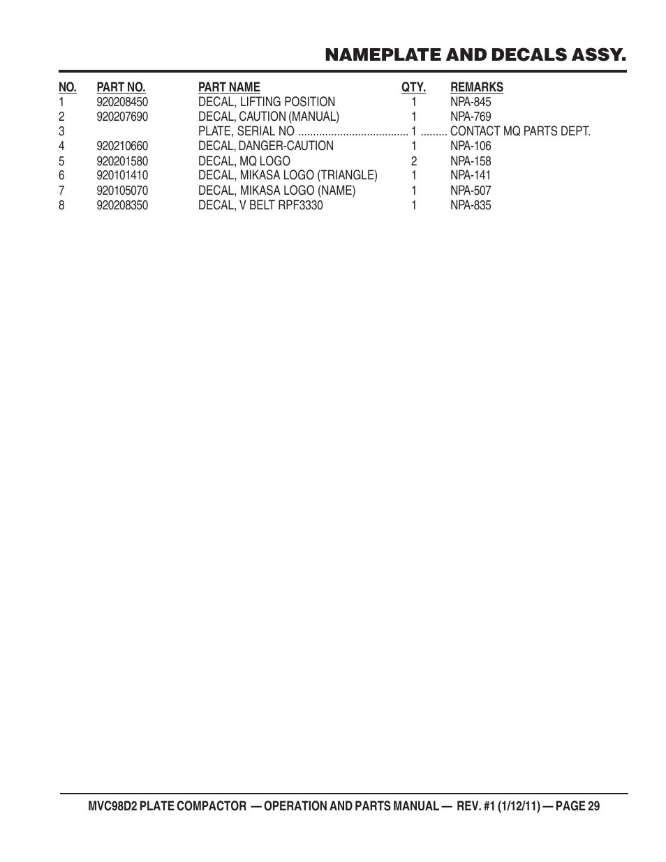 Nameplate and decals assy | Multiquip MVC98D2 User Manual | Page 29 / 64
