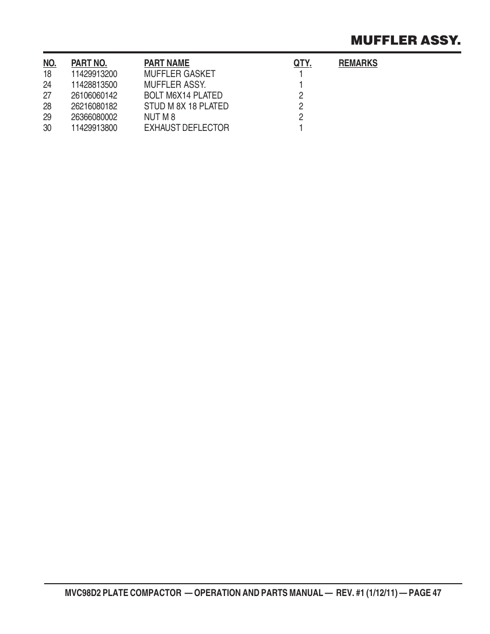 Muffler assy | Multiquip MVC98D2 User Manual | Page 47 / 64