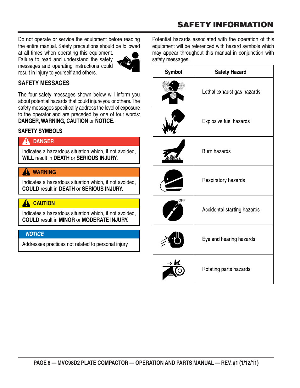 Safety information | Multiquip MVC98D2 User Manual | Page 6 / 64
