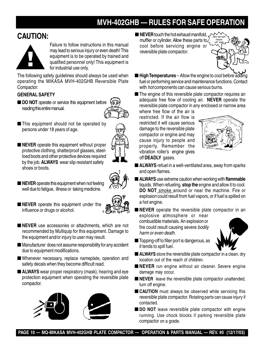 Mvh-402ghb — rules for safe operation, Caution | Multiquip MVH402GHB User Manual | Page 10 / 82