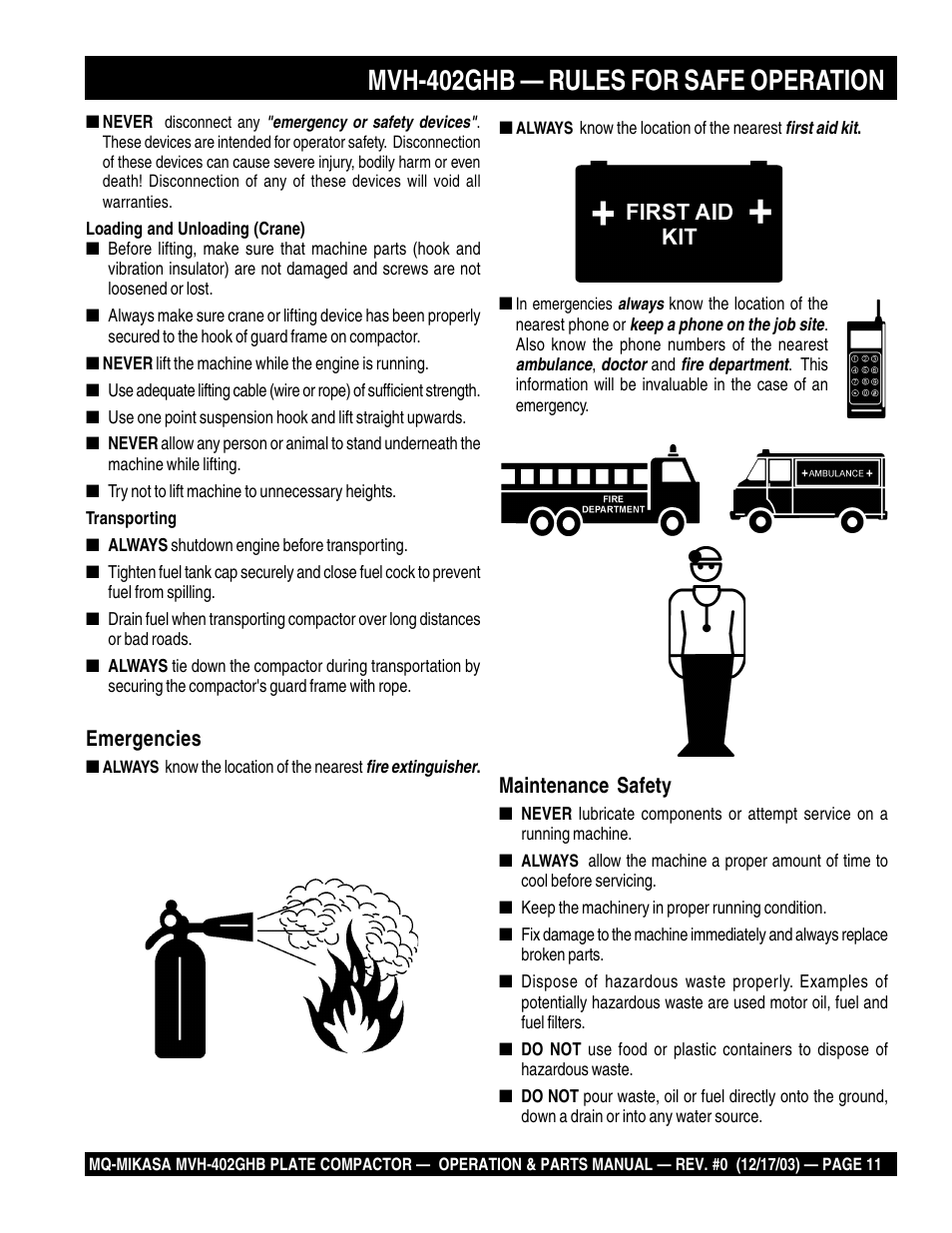 Mvh-402ghb — rules for safe operation, Emergencies, Maintenance safety | Multiquip MVH402GHB User Manual | Page 11 / 82