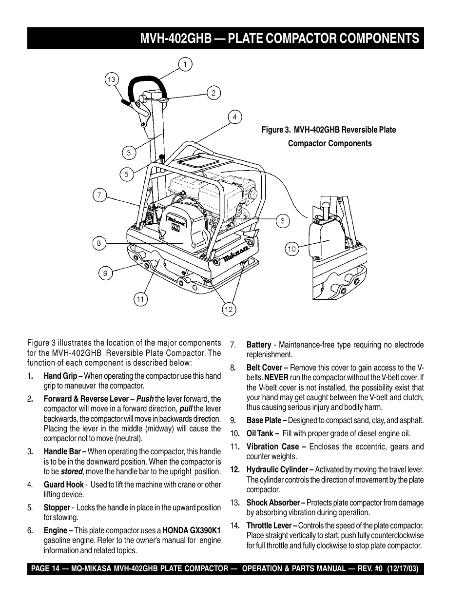 Mvh-402ghb — plate compactor components | Multiquip MVH402GHB User Manual | Page 14 / 82
