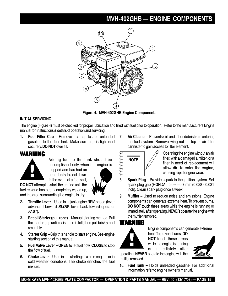 Mvh-402ghb — engine components, Warning | Multiquip MVH402GHB User Manual | Page 15 / 82