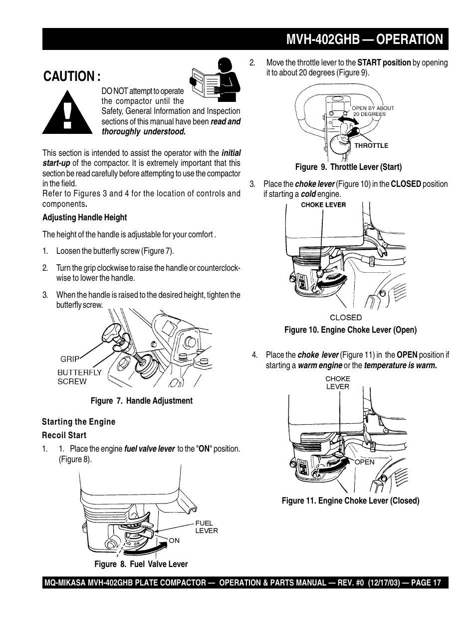 Mvh-402ghb — operation, Caution | Multiquip MVH402GHB User Manual | Page 17 / 82