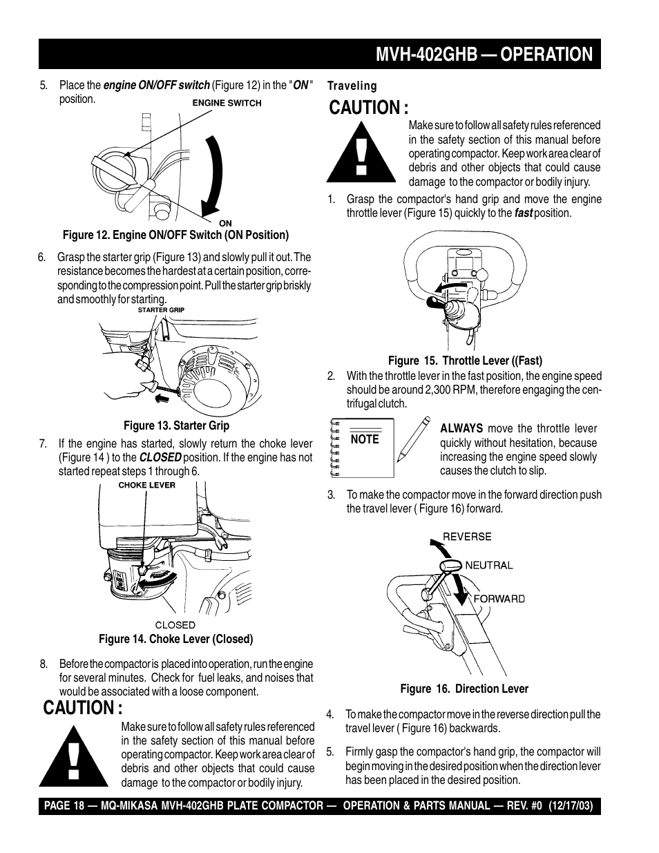 Mvh-402ghb — operation, Caution | Multiquip MVH402GHB User Manual | Page 18 / 82