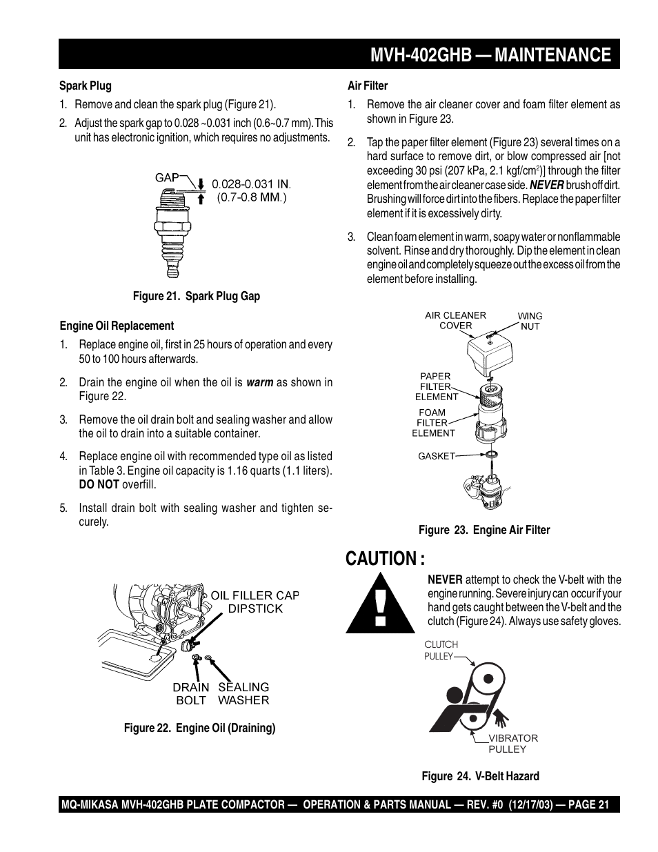 Mvh-402ghb — maintenance, Caution | Multiquip MVH402GHB User Manual | Page 21 / 82