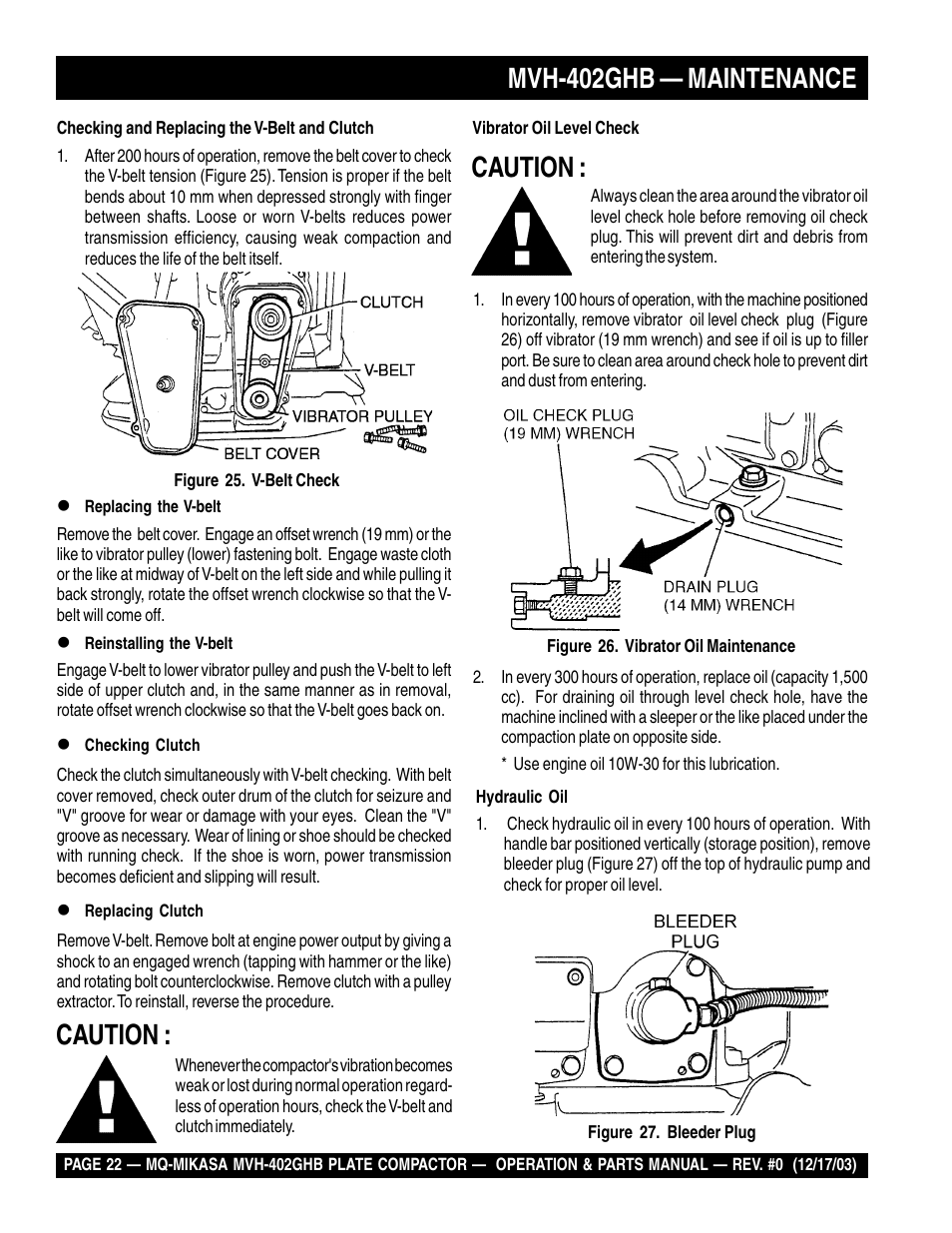 Caution, Caution : mvh-402ghb — maintenance | Multiquip MVH402GHB User Manual | Page 22 / 82