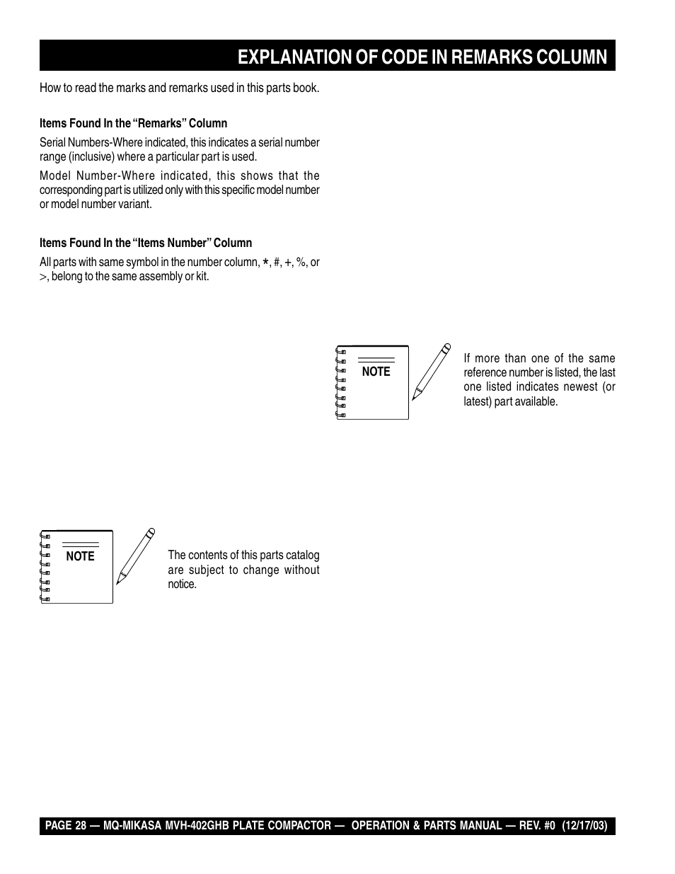 Explanation of code in remarks column | Multiquip MVH402GHB User Manual | Page 28 / 82