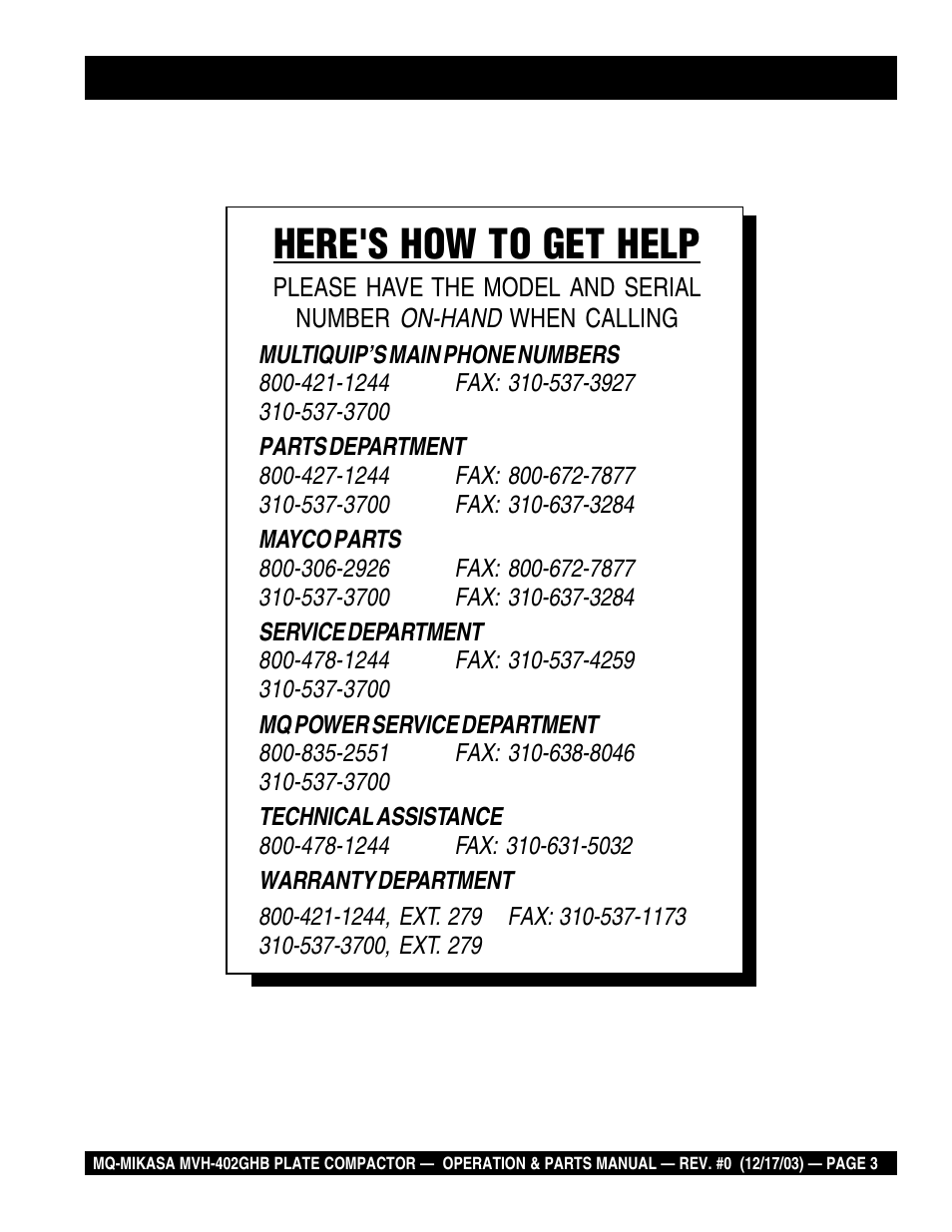 Here's how to get help | Multiquip MVH402GHB User Manual | Page 3 / 82