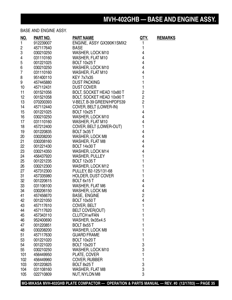 Mvh-402ghb — base and engine assy | Multiquip MVH402GHB User Manual | Page 35 / 82