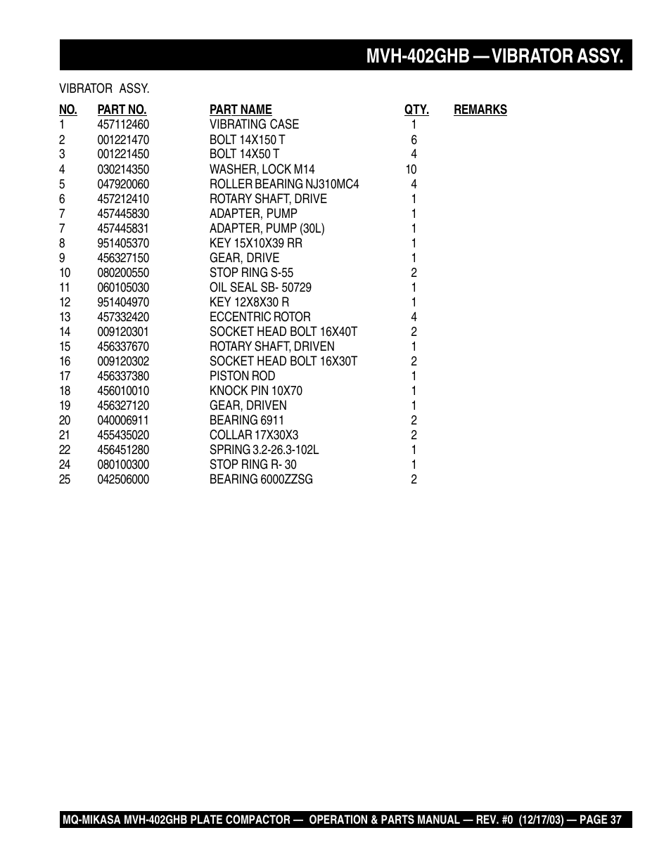 Mvh-402ghb — vibrator assy | Multiquip MVH402GHB User Manual | Page 37 / 82