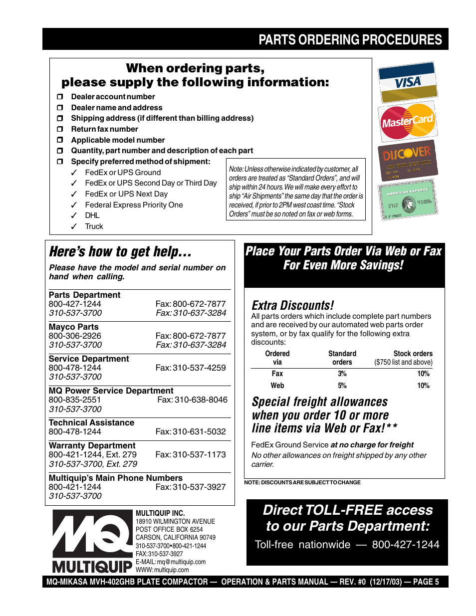 Parts ordering procedures, Here’s how to get help, Direct toll-free access to our parts department | Extra discounts | Multiquip MVH402GHB User Manual | Page 5 / 82