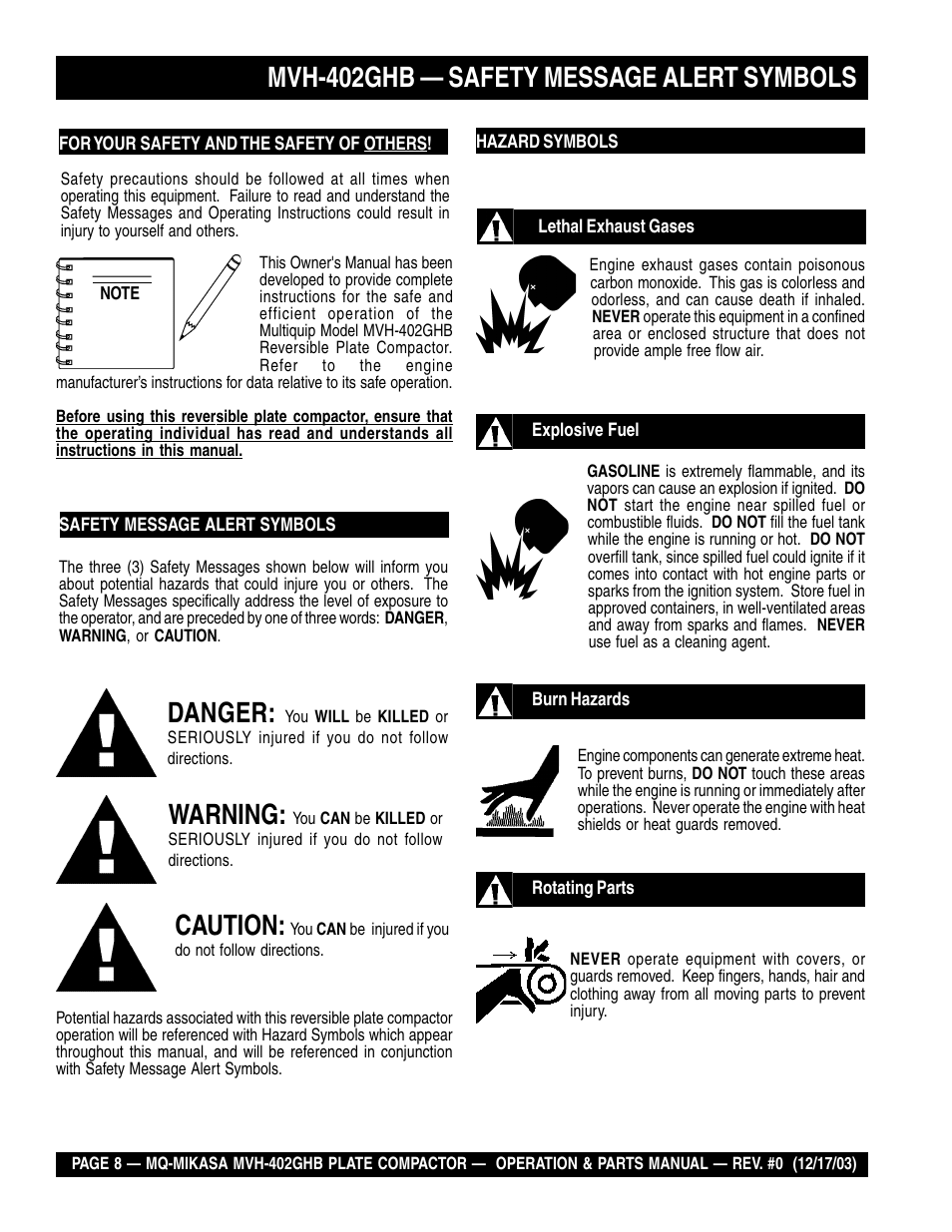 Mvh-402ghb — safety message alert symbols, Danger, Warning | Caution | Multiquip MVH402GHB User Manual | Page 8 / 82