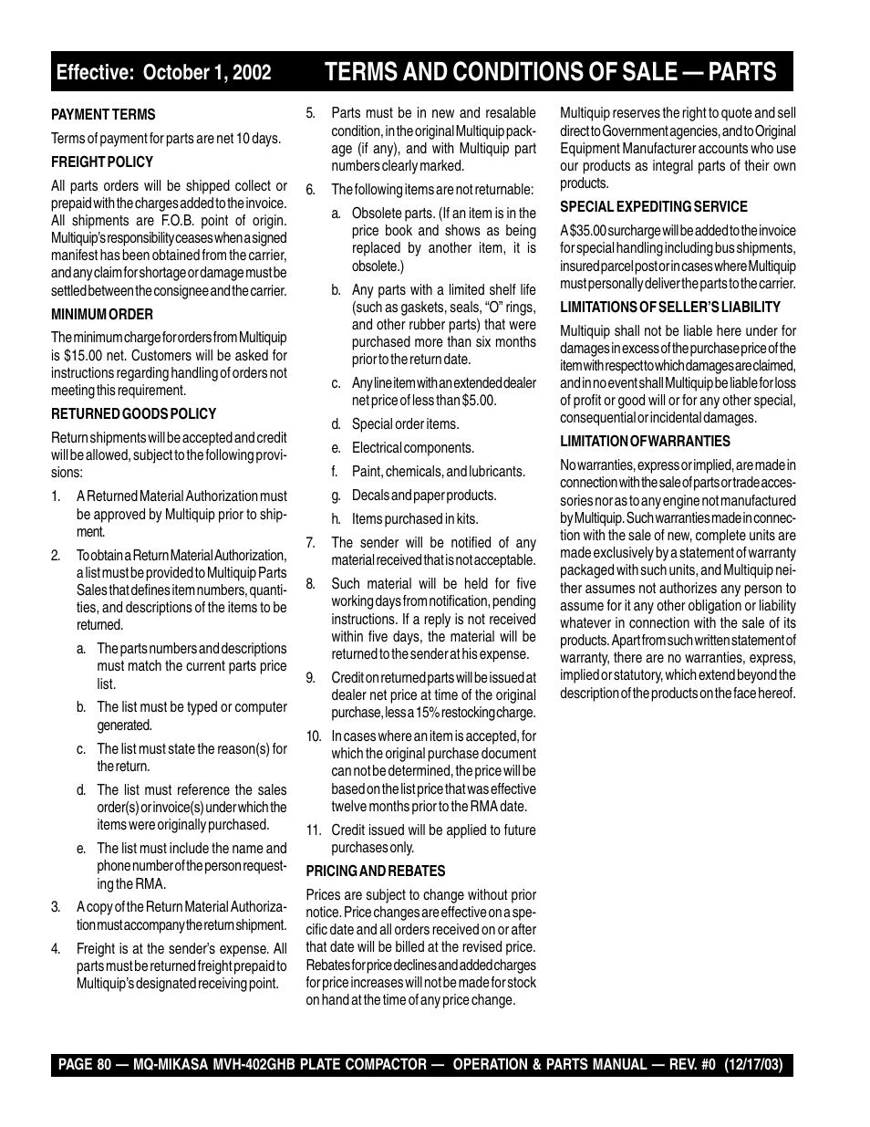 Terms and conditions of sale — parts | Multiquip MVH402GHB User Manual | Page 80 / 82