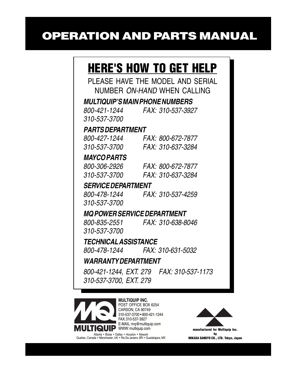Here's how to get help, Operation and parts manual | Multiquip MVH402GHB User Manual | Page 82 / 82