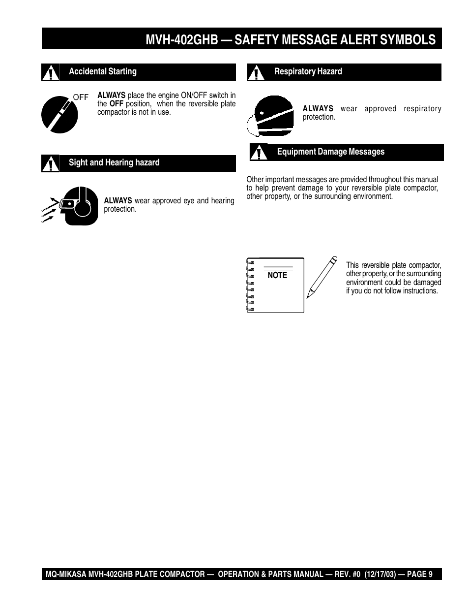 Mvh-402ghb — safety message alert symbols | Multiquip MVH402GHB User Manual | Page 9 / 82