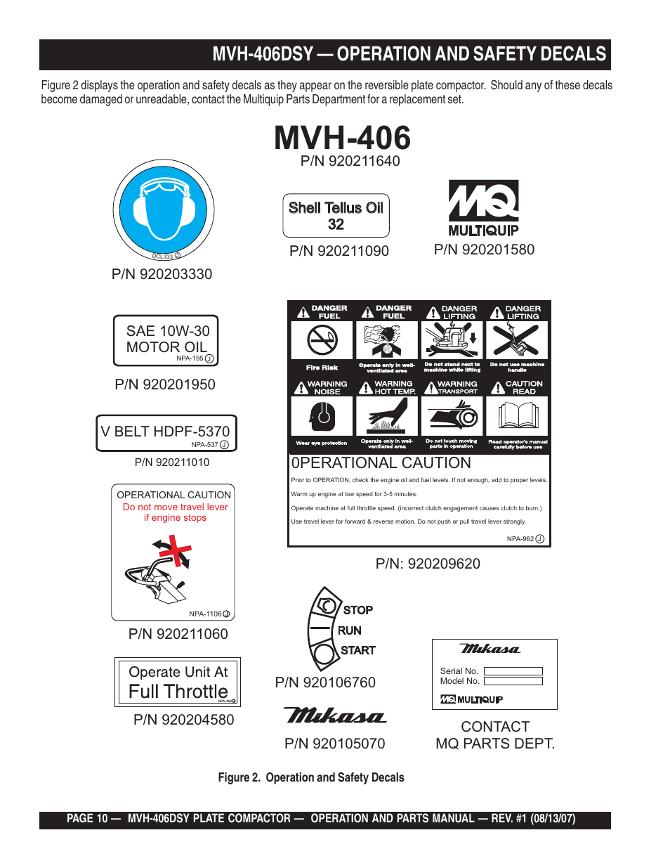 Mvh-406, Mvh-406dsy — operation and safety decals, 0perational caution | Multiquip MVH406DSY User Manual | Page 10 / 72