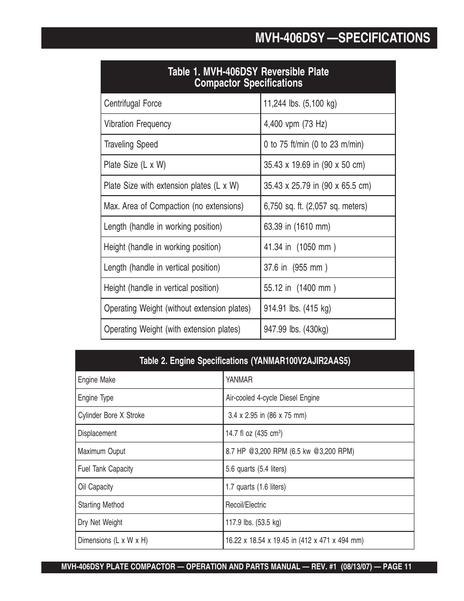 Mvh-406dsy —specifications | Multiquip MVH406DSY User Manual | Page 11 / 72