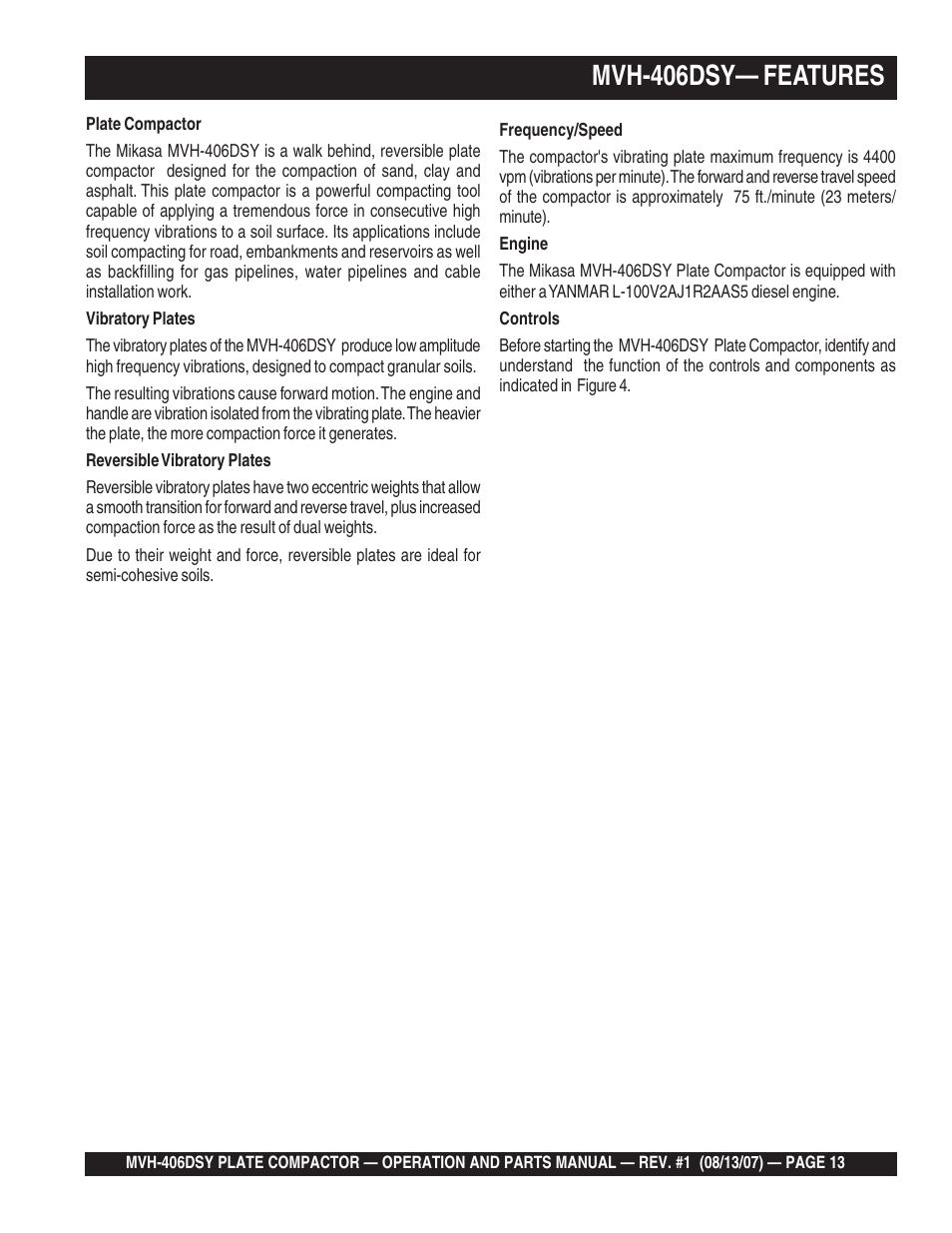 Mvh-406dsy— features | Multiquip MVH406DSY User Manual | Page 13 / 72