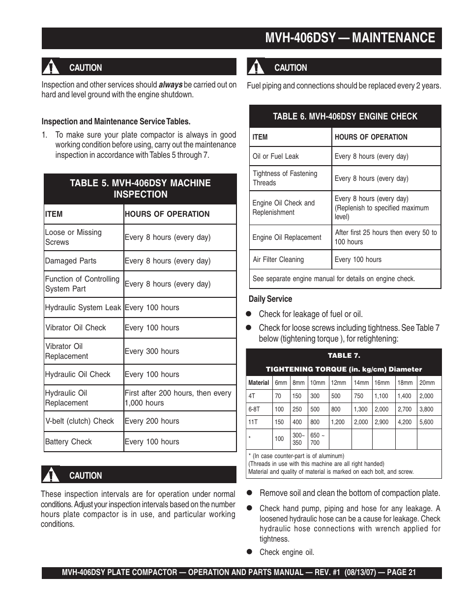 Mvh-406dsy — maintenance | Multiquip MVH406DSY User Manual | Page 21 / 72