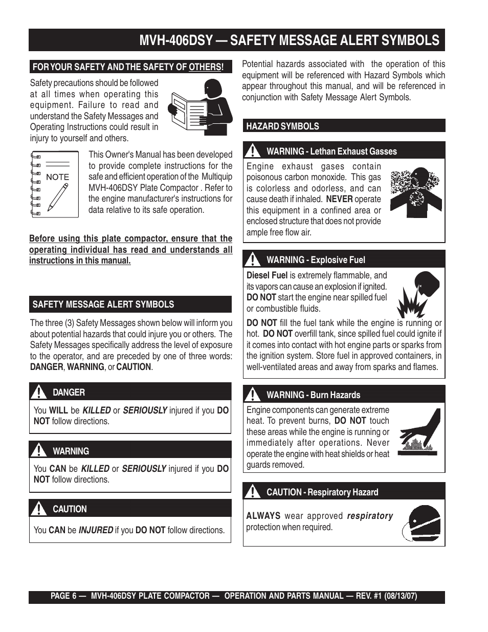 Mvh-406dsy — safety message alert symbols | Multiquip MVH406DSY User Manual | Page 6 / 72