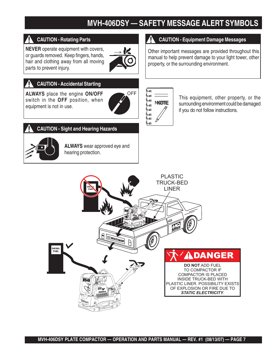 Mvh-406dsy — safety message alert symbols, Danger | Multiquip MVH406DSY User Manual | Page 7 / 72