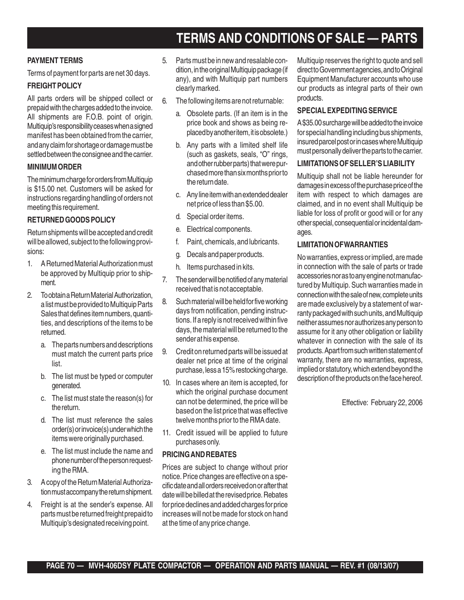 Terms and conditions of sale — parts | Multiquip MVH406DSY User Manual | Page 70 / 72