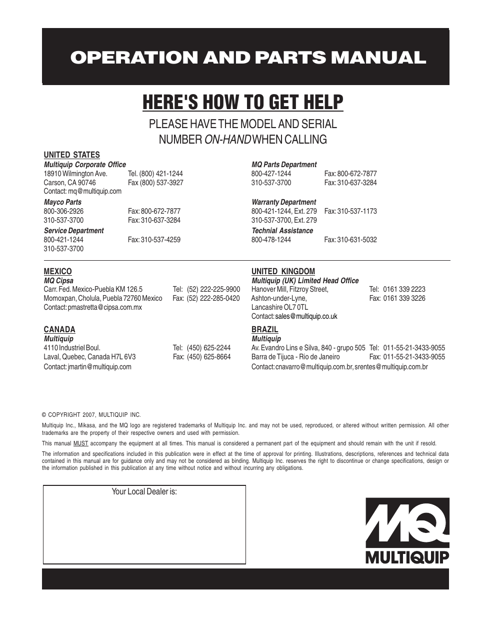 Here's how to get help, Operation and parts manual, On-hand | Please have the model and serial number, When calling | Multiquip MVH406DSY User Manual | Page 72 / 72