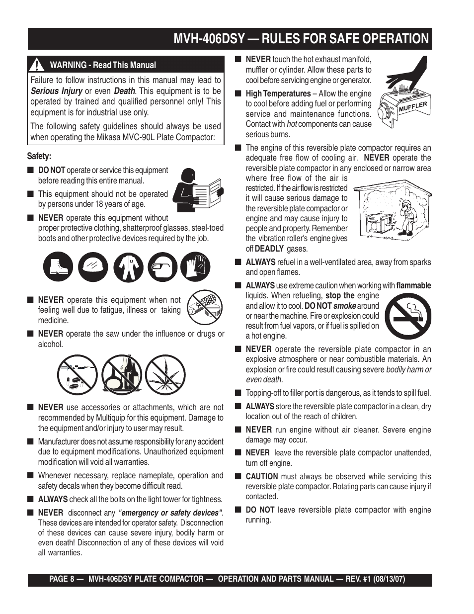 Mvh-406dsy — rules for safe operation | Multiquip MVH406DSY User Manual | Page 8 / 72