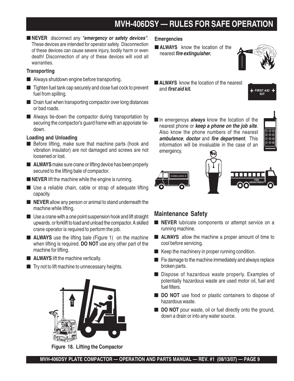 Mvh-406dsy — rules for safe operation, Maintenance safety | Multiquip MVH406DSY User Manual | Page 9 / 72