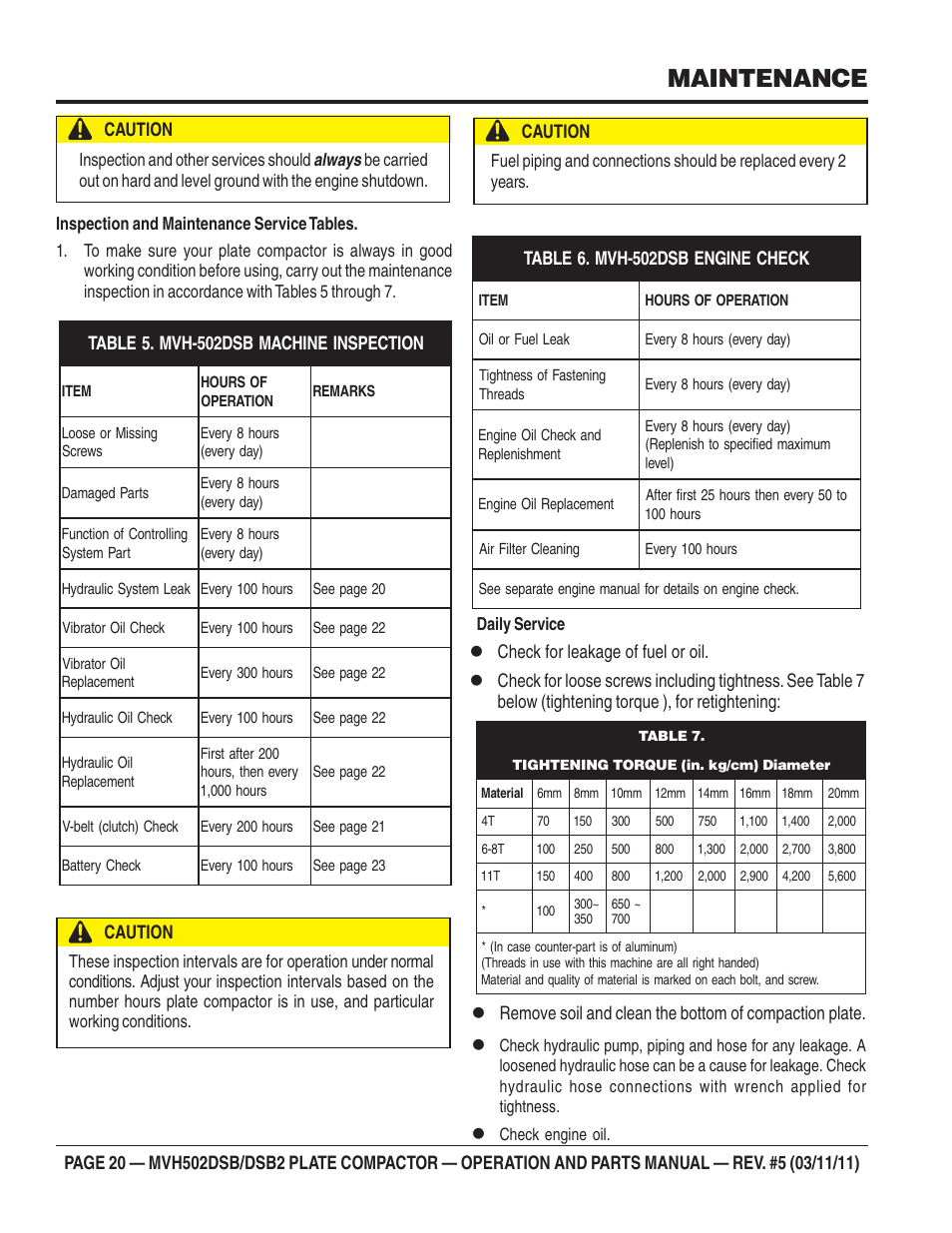 Maintenance | Multiquip MVH502DSB2 User Manual | Page 20 / 92