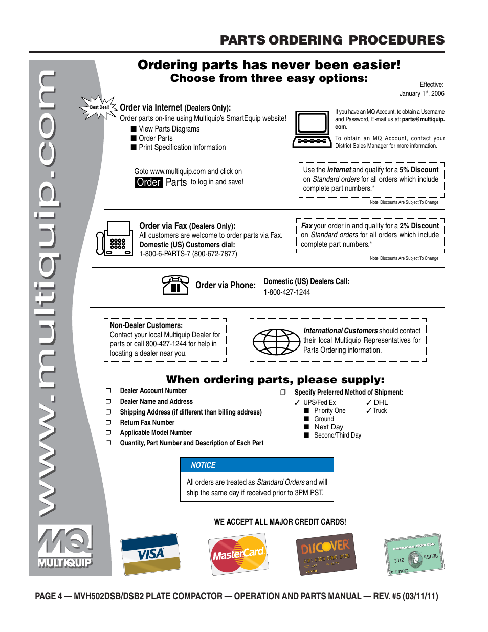 Ordering parts has never been easier, Parts ordering procedures, Choose from three easy options | When ordering parts, please supply, Order parts | Multiquip MVH502DSB2 User Manual | Page 4 / 92