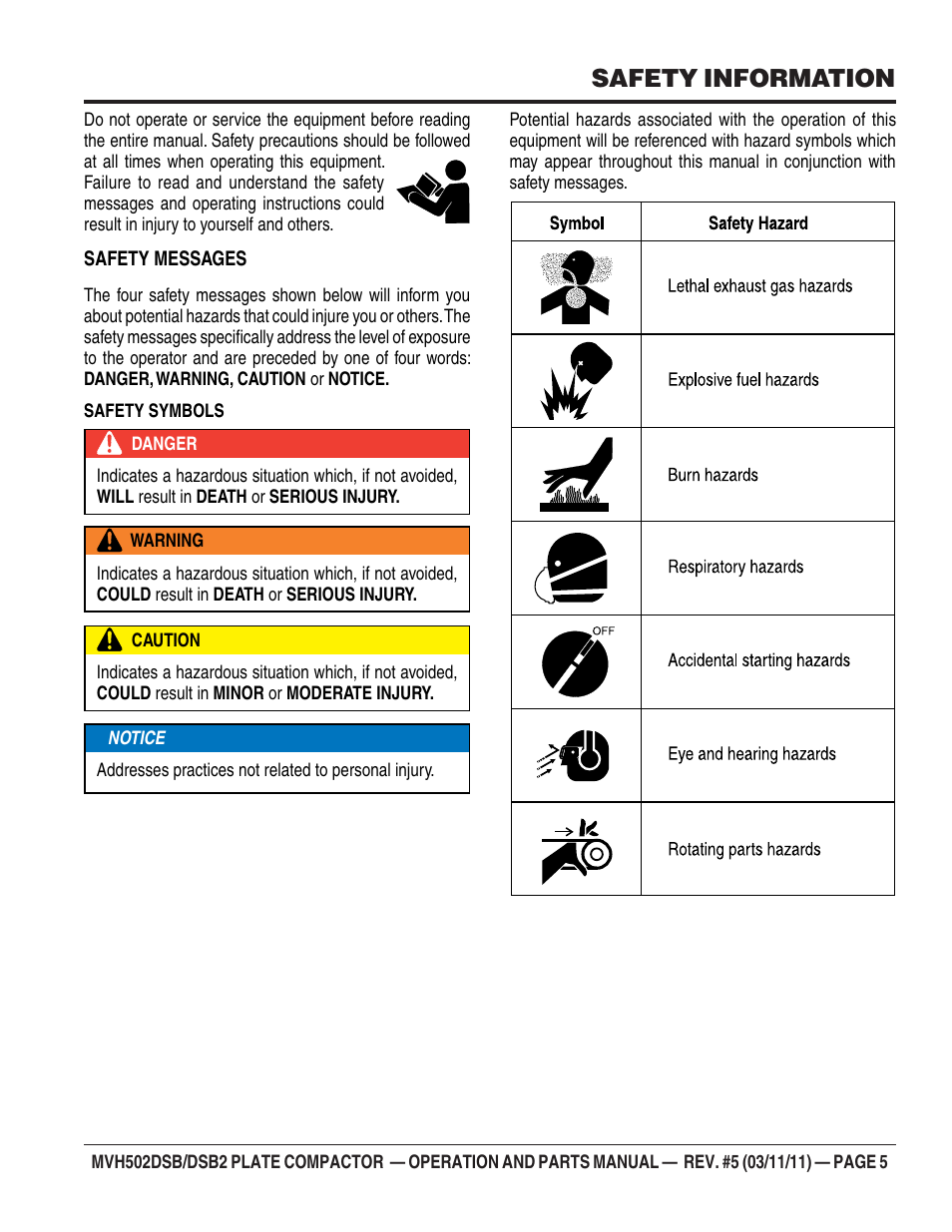 Safety information | Multiquip MVH502DSB2 User Manual | Page 5 / 92
