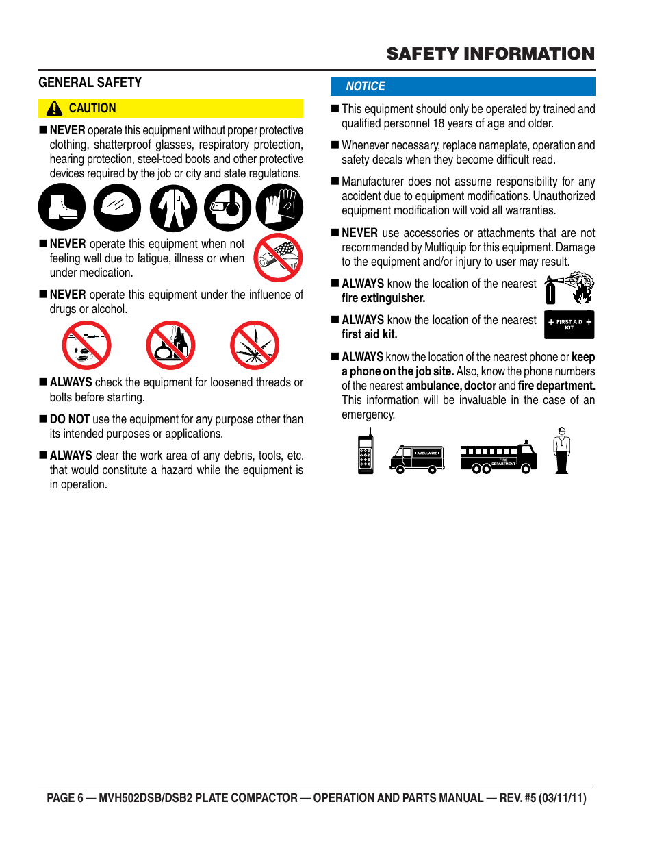 Safety information | Multiquip MVH502DSB2 User Manual | Page 6 / 92