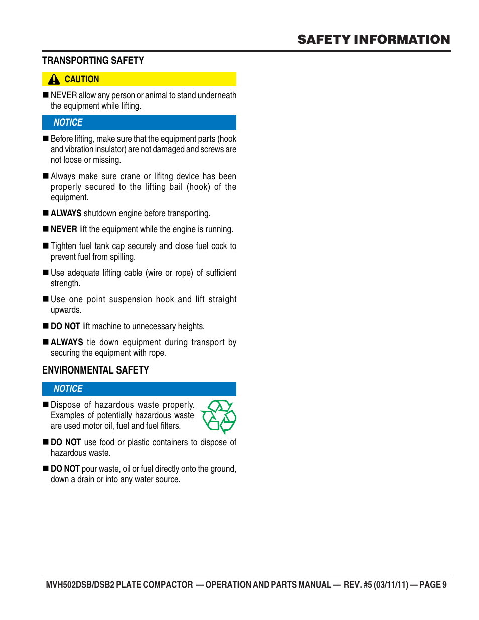 Safety information | Multiquip MVH502DSB2 User Manual | Page 9 / 92