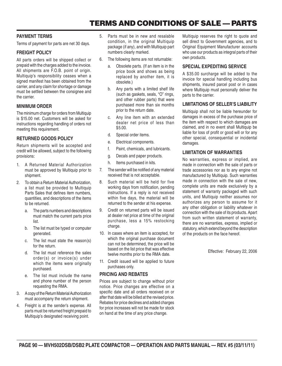 Terms and conditions of sale — parts | Multiquip MVH502DSB2 User Manual | Page 90 / 92