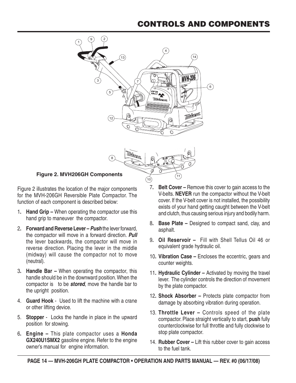 Controls and components, Mvh-206 | Multiquip MVH206GH User Manual | Page 14 / 80